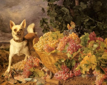  Cesta Arte - Waldmuller Ferdinand Georg Un perro junto a una cesta de uvas en un paisaje
